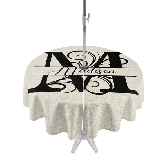 Outdoor Tablecloth with Umbrella Hole and Zipper, Letter M Waterproof Patio Tablecloth for Dining Round 54'', Monogram Words Wipeable Table Cover for Picnic BBQ Party Patio