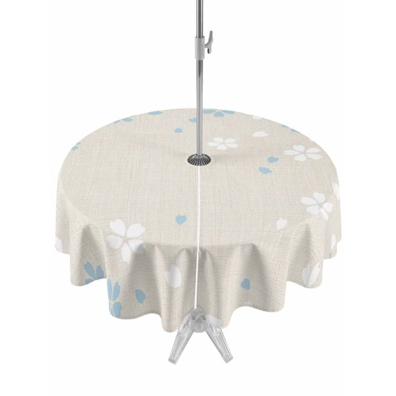 Outdoor Tablecloth with Umbrella Hole Zipper Light Blue Cherry Floral Round Tablecloth 60" Waterproof Outside Table Cloth Modern Art Falling Petals Burlap Patio Table Cover Tablecloths for Picnic