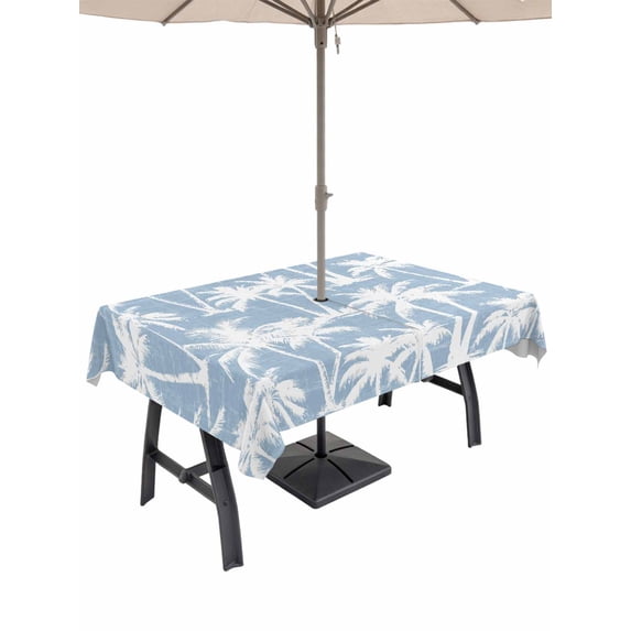 Outdoor Tablecloth with Umbrella Hole & Zipper, Light Blue Coastal Tree Rectangle Tablecloth 52x70 Inch, Summer Palm Trees Tropical Botanical Patio Table Cover Waterproof Table Cloth for Picnic/Party