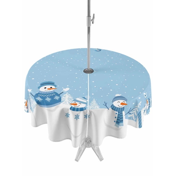 Outdoor Tablecloth with Umbrella Hole and Zipper, Light Blue Snowman Christmas Round Table Cloth 60 Inch Waterproof Tablecloth, Winter Snowflake Pine Xmas Tree Picnic Table Cover for Patio Camping