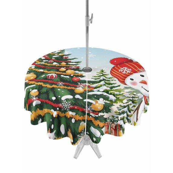 Outdoor Tablecloth with Umbrella Hole and Zipper, Light Blue Snowman Christmas Round Table Cloth 60 Inch Waterproof Tablecloth, Xmas Tree Snowflake Picnic Table Cover for Patio Camping
