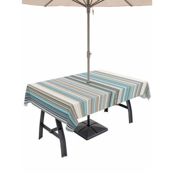 Outdoor Tablecloth with Umbrella Hole and Zipper, Light Blue Striped Rectangle Table Cloth 60x102 Inch Waterproof Tablecloth, Farmhouse Thin Line Modern Abstract Art Picnic Table Cover for Patio