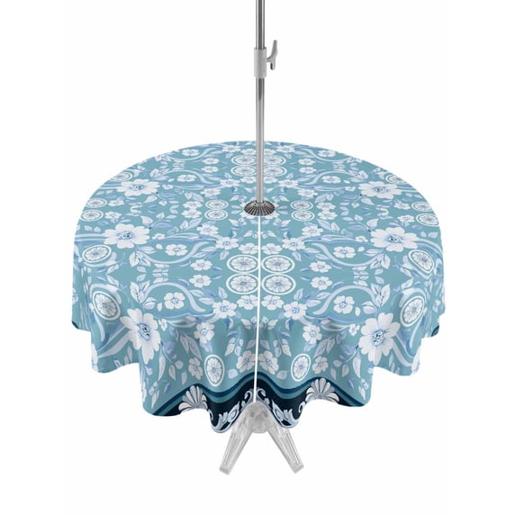 Outdoor Tablecloth with Umbrella Hole Zipper Light Blue White Flowers Round Tablecloth 54" Waterproof Outside Table Cloth Rustic Vintage Botanical Leaves Patio Table Cover Tablecloths for Picnic