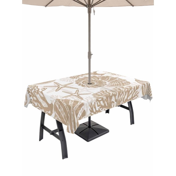Outdoor Tablecloth with Umbrella Hole & Zipper, Light Brown Coastal Rectangle Tablecloth 60x120 Inch, Beach Starfish Nautical Coral Shell Summer Patio Table Cover Waterproof Table Cloth for Picnic