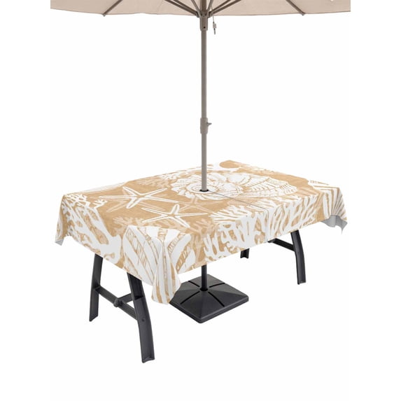 Outdoor Tablecloth with Umbrella Hole & Zipper, Light Brown Starfish Coastal Rectangle Tablecloth 60x84 Inch, Summer Coral Shell Beach Nautical Patio Table Cover Waterproof Table Cloth for Picnic