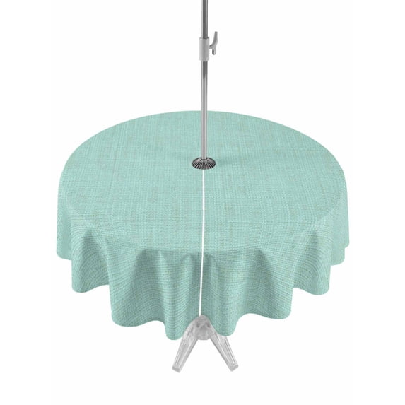 Outdoor Tablecloth with Umbrella Hole and Zipper, Linen Mint Green Round Table Cloth 60 Inch Waterproof Tablecloth, Modern Minimalist Pure Solid Color Picnic Table Cover for Patio Camping