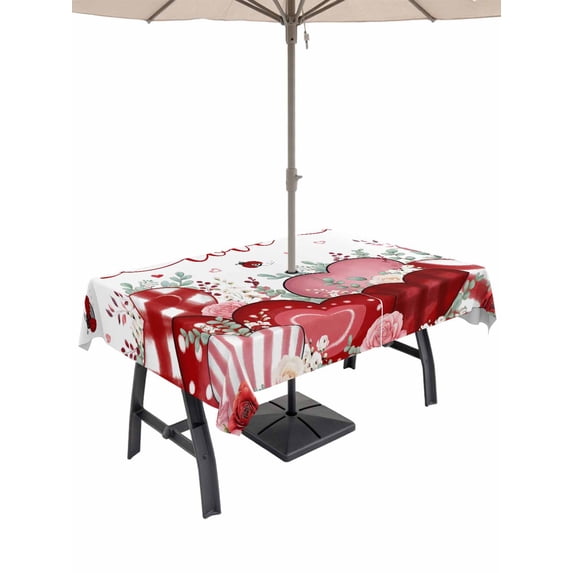 Outdoor Tablecloth with Umbrella Hole and Zipper, Love Heart Valentine's Day Rectangle Table Cloth 60x120 Inch Waterproof Tablecloth, Eucalyptus Botanical Red Pink Picnic Table Cover for Patio