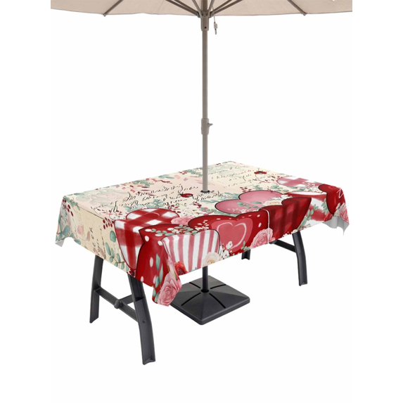 Outdoor Tablecloth with Umbrella Hole and Zipper, Love Heart Valentine's Rectangle Table Cloth 60x84 Inch Waterproof Tablecloth, Eucalyptus Botanical Red Pink Retro Picnic Table Cover for Patio