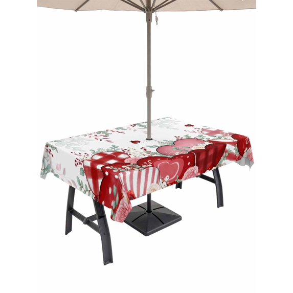 Outdoor Tablecloth with Umbrella Hole and Zipper, Love Heart Valentines Rectangle Table Cloth 60x120 Inch Waterproof Tablecloth, Eucalyptus Botanical Red Pink Picnic Table Cover for Patio Camping