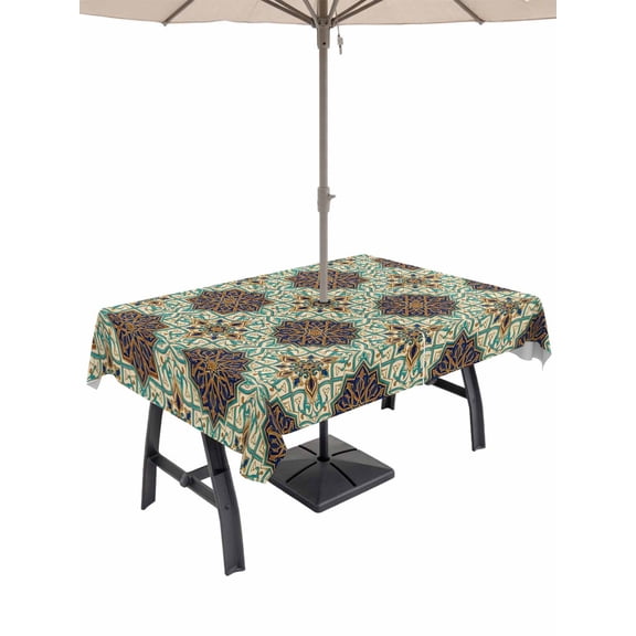Outdoor Tablecloth with Umbrella Hole and Zipper, Mediterranean Rectangle Table Cloth 60x84 Inch Waterproof Tablecloth, Vintage Morocco Abstract Pattern Brown Green Picnic Table Cover for Patio