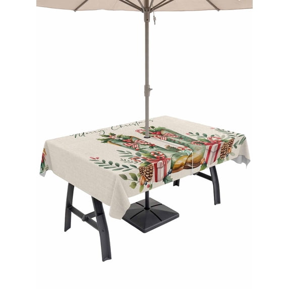 Outdoor Tablecloth with Umbrella Hole and Zipper, Merry Christmas Rectangle Table Cloth 54x80 Inch Waterproof Tablecloth, Country Boots Star Pine Cone Branches Picnic Table Cover for Patio Camping