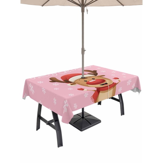 Outdoor Tablecloth with Umbrella Hole and Zipper, Merry Christmas Rectangle Table Cloth 54x80 Inch Waterproof Tablecloth, Pink Winter Xmas Hat Deer Snowflake Picnic Table Cover for Patio Camping