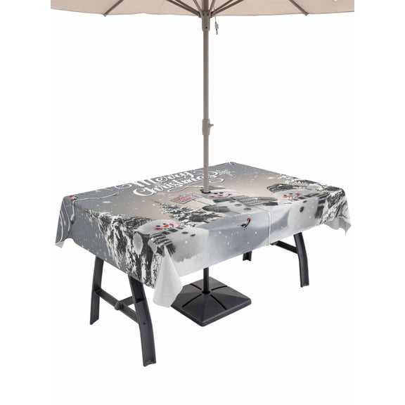 Outdoor Tablecloth with Umbrella Hole and Zipper, Merry Christmas Rectangle Table Cloth 60x102 Inch Waterproof Tablecloth, Grey Snowman Snowflake Xmas Tree Winter Picnic Table Cover for Patio Camping