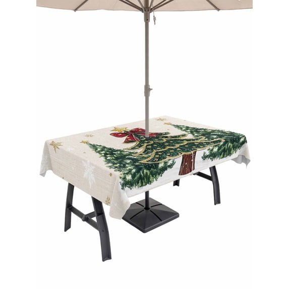 Outdoor Tablecloth with Umbrella Hole and Zipper, Merry Christmas Rectangle Table Cloth 60x102 Inch Waterproof Tablecloth, Winter Pine Tree Gold White Snowflakes Picnic Table Cover for Patio Camping