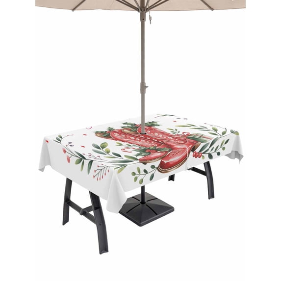 Outdoor Tablecloth with Umbrella Hole and Zipper, Merry Christmas Rectangle Table Cloth 60x102 Inch Waterproof Tablecloth, Winter Red Boots Stars Berry Leaves Picnic Table Cover for Patio Camping