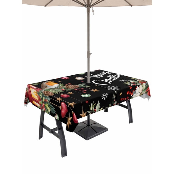 Outdoor Tablecloth with Umbrella Hole and Zipper, Merry Christmas Rectangle Table Cloth 60x120 Inch Waterproof Tablecloth, Black Xmas Tree Snowflake Poinsettia Picnic Table Cover for Patio Camping