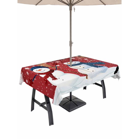 Outdoor Tablecloth with Umbrella Hole and Zipper, Merry Christmas Rectangle Table Cloth 60x84 Inch Waterproof Tablecloth, Xmas Snowman Snowflake Winter Holiday Picnic Table Cover for Patio Camping