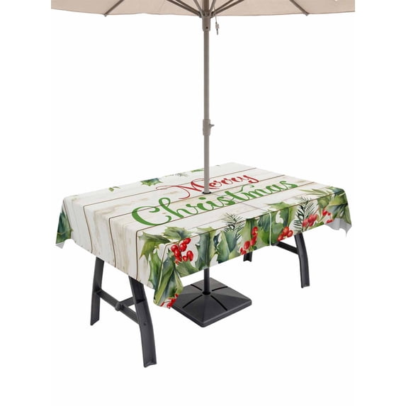 Outdoor Tablecloth with Umbrella Hole and Zipper, Merry Christmas Rectangle Table Cloth 60x84 Inch Waterproof Tablecloth, Xmas Winter Pine Needles Berries Wood Picnic Table Cover for Patio Camping