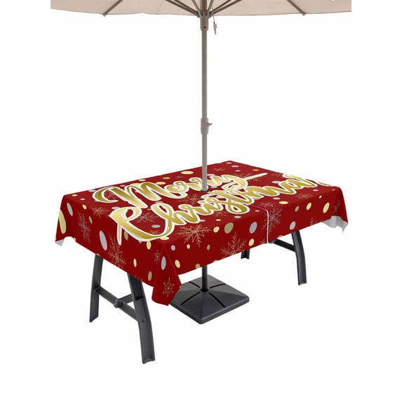 Outdoor Tablecloth with Umbrella Hole and Zipper, Merry Christmas Red Rectangle Table Cloth 60x102 Inch Waterproof Tablecloth, Xmas Snowflakes Polka Dot New Year Picnic Table Cover for Patio Camping