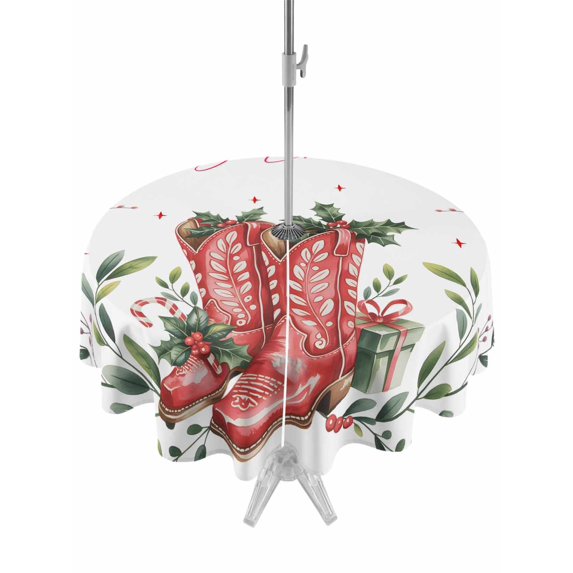Outdoor Tablecloth with Umbrella Hole and Zipper, Merry Christmas Round Table Cloth 54 Inch Waterproof Tablecloth, Winter Red Boots Stars Berry Leaves Picnic Table Cover for Patio Camping
