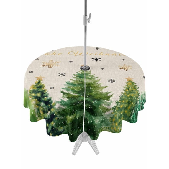 Outdoor Tablecloth with Umbrella Hole and Zipper, Merry Christmas Round Table Cloth 54 Inch Waterproof Tablecloth, Xmas Trees Snowflake Farmhouse Rustic Picnic Table Cover for Patio Camping
