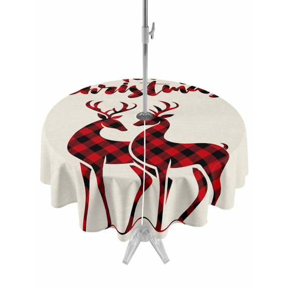 Outdoor Tablecloth with Umbrella Hole and Zipper, Merry Christmas Round Table Cloth 60 Inch Waterproof Tablecloth, Beige Xmas Elk Seasonal Winter Holiday Picnic Table Cover for Patio Camping