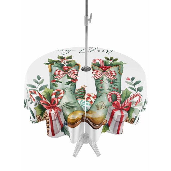 Outdoor Tablecloth with Umbrella Hole and Zipper, Merry Christmas Round Table Cloth 60 Inch Waterproof Tablecloth, Winter Boots Pine Cone Branches Berry Picnic Table Cover for Patio Camping