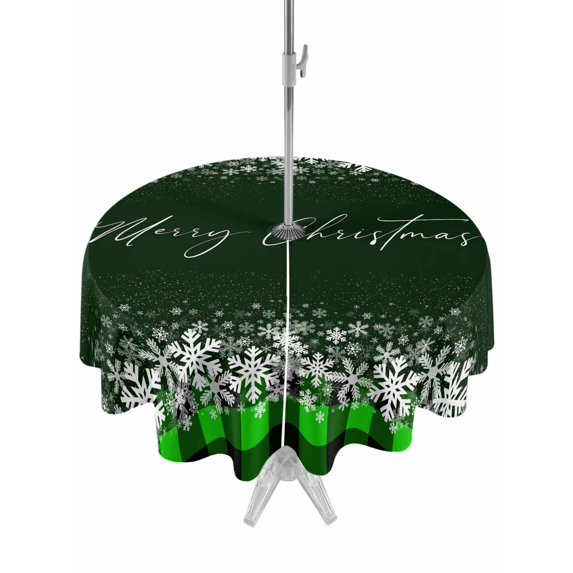Outdoor Tablecloth with Umbrella Hole and Zipper, Merry Christmas Round Table Cloth 60 Inch Waterproof Tablecloth, Winter Holiday Xmas Snowflake Green Plaid Picnic Table Cover for Patio Camping