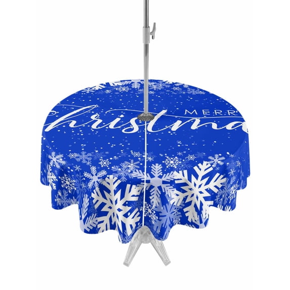 Outdoor Tablecloth with Umbrella Hole and Zipper, Merry Christmas Round Table Cloth 60 Inch Waterproof Tablecloth, Winter Snowflake Xmas Aesthetic Blue Picnic Table Cover for Patio Camping