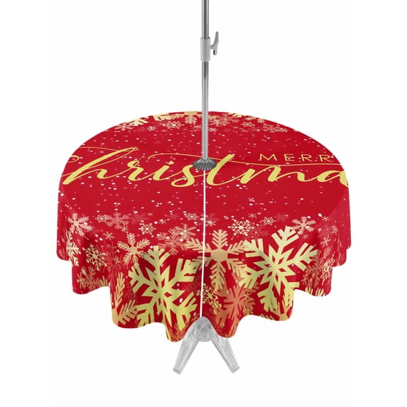 Outdoor Tablecloth with Umbrella Hole and Zipper, Merry Christmas Round Table Cloth 60 Inch Waterproof Tablecloth, Winter Snowflake Xmas Aesthetic Red Picnic Table Cover for Patio Camping