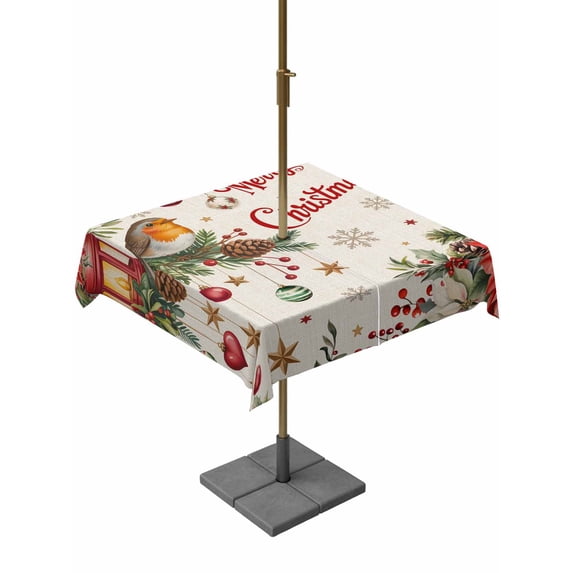 Outdoor Tablecloth with Umbrella Hole and Zipper, Merry Christmas Square Table Cloth 54x54 Inch Waterproof Tablecloth, Red Poinsettia Xmas Tree Snowflake Winter Rustic Picnic Table Cover for Patio