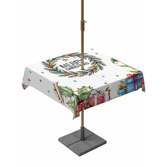Outdoor Tablecloth with Umbrella Hole and Zipper, Merry Christmas Square Table Cloth 60x60 Inch Waterproof Tablecloth, Winter Cactus Xmas Star Pine Branches Picnic Table Cover for Patio Camping
