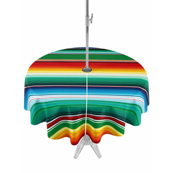 Outdoor Tablecloth with Umbrella Hole and Zipper, Mexican Stripes Round Table Cloth 54 Inch Waterproof Tablecloth, Colorful Striped Mexican Fiesta Theme Picnic Table Cover for Patio Camping