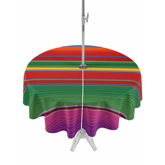 Outdoor Tablecloth with Umbrella Hole Zipper Mexican Stripes Round Tablecloth 54" Waterproof Outside Table Cloth Colorful Stripes Modern Art Patio Table Cover Tablecloths for Picnic Party