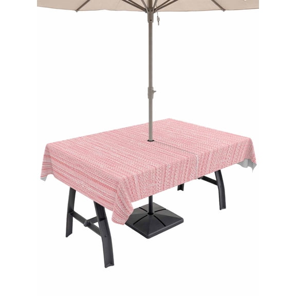 Outdoor Tablecloth with Umbrella Hole and Zipper, Minimalist Light Pink Rectangle Waterproof Table Cover 60x84in Washable Table Cloth for Patio Picnic Party Crosshatch Linen Textured