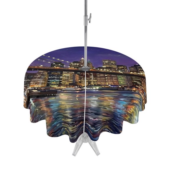 Outdoor Tablecloth with Umbrella Hole Zipper Modern Art Round Tablecloth 54" Waterproof Outside Table Cloth City Bridge Aesthetics Contemporary Patio Table Cover Tablecloths for Picnic Party