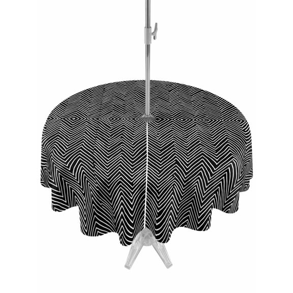 Outdoor Tablecloth with Umbrella Hole and Zipper, Modern Black Oblique Stripe Round Waterproof Table Cover 60in Washable Table Cloth for Patio Picnic Party Abstract Herringbone Art