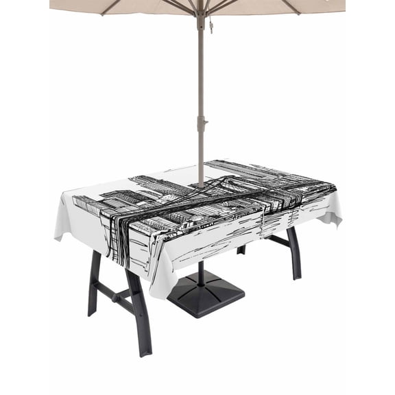 Outdoor Tablecloth with Umbrella Hole and Zipper, Modern Bridge Building Sketch Rectangle Waterproof Table Cover 60x84in Washable Table Cloth for Patio Picnic Party Monochrome Architecture Art