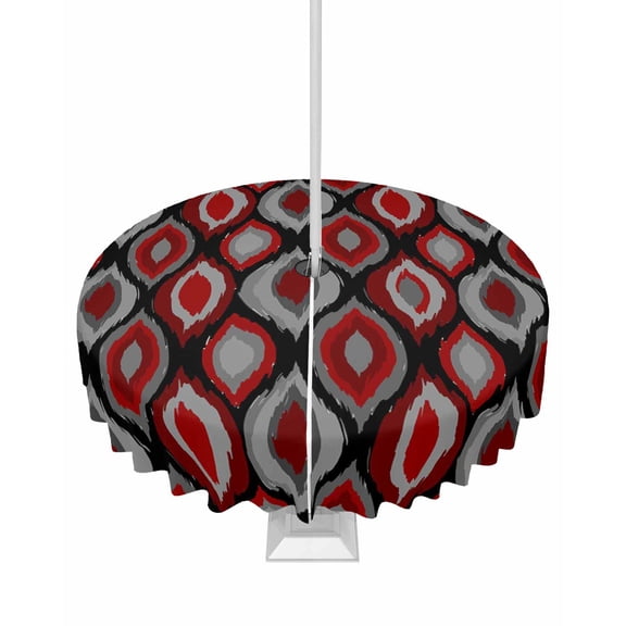 Outdoor Tablecloth with Umbrella Hole and Zipper Modern Diamond Pattern Round Tablecloths 60 Inch Waterproof Red Geometric Lines Patio Table Cover for Outdoor Tables Picnic BBQS Party Decor