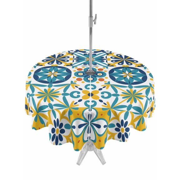 Outdoor Tablecloth with Umbrella Hole and Zipper, Modern Mediterranean Round Table Cloth 54 Inch Waterproof Tablecloth, Retro Moroccan Tiles Texture Vlue Yellow Picnic Table Cover for Patio Camping