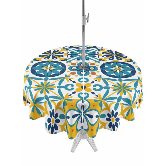 Outdoor Tablecloth with Umbrella Hole Zipper Modern Mediterranean Round Tablecloth 54" Waterproof Outside Table Cloth Retro Moroccan Tiles Texture Vlue Yellow Patio Table Cover Tablecloths for Picnic