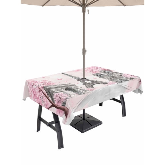 Outdoor Tablecloth with Umbrella Hole and Zipper, Modern Pink Flower Paris Landmarks Rectangle Waterproof Table Cover 60x84in Washable Table Cloth for Patio Picnic Party Towel Architecture