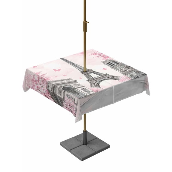 Outdoor Tablecloth with Umbrella Hole and Zipper, Modern Pink Flower Paris Landmarks Square Waterproof Table Cover 54x54in Washable Table Cloth for Patio Picnic Party Towel Architecture