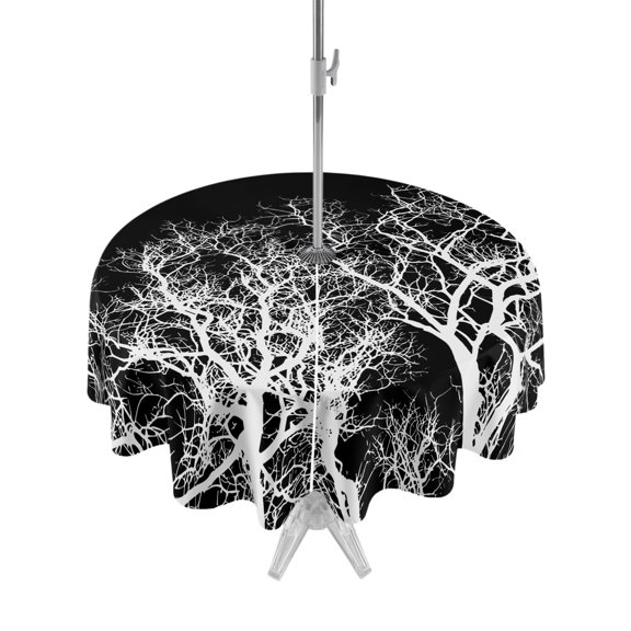 Outdoor Tablecloth with Umbrella Hole Zipper Modern Tree Branches Round Tablecloth 54" Waterproof Outside Table Cloth Contemporary Black Botanical Patio Table Cover Tablecloths for Picnic Party