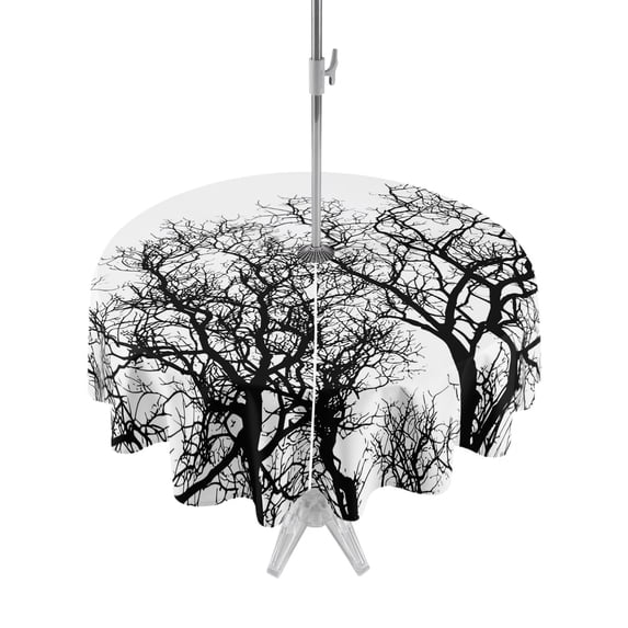 Outdoor Tablecloth with Umbrella Hole Zipper Modern Tree Branches Round Tablecloth 60" Waterproof Outside Table Cloth Contemporary Gray Botanical Patio Table Cover Tablecloths for Picnic Party