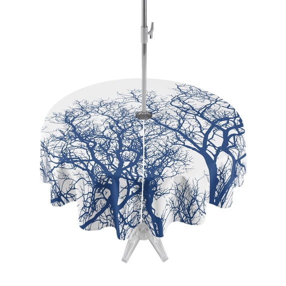 Outdoor Tablecloth with Umbrella Hole Zipper Modern Tree Branches Round Tablecloth 60" Waterproof Outside Table Cloth Contemporary Sky Blue Botanical Patio Table Cover Tablecloths for Picnic Party