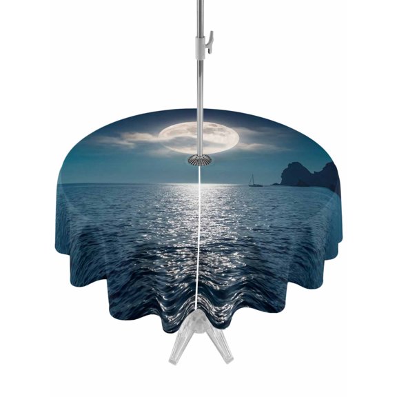 Outdoor Tablecloth with Umbrella Hole Zipper Moonlight Sea Night Round Tablecloth 54" Waterproof Outside Table Cloth Abstract Modern Art Ocean Cloud Patio Table Cover Tablecloths for Picnic Party