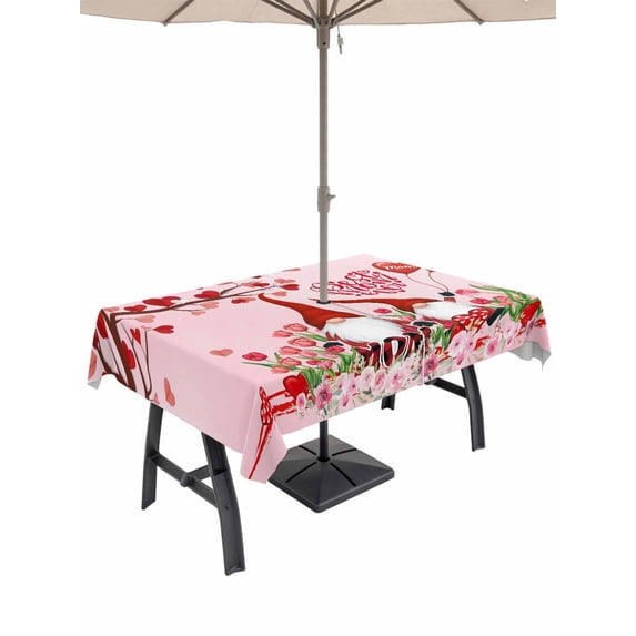 Outdoor Tablecloth with Umbrella Hole and Zipper, Mother's Day Rectangle Table Cloth 60x84 Inch Waterproof Tablecloth, Cute Gnomes Red Heart Tulips Flower Love Tree Picnic Table Cover for Patio