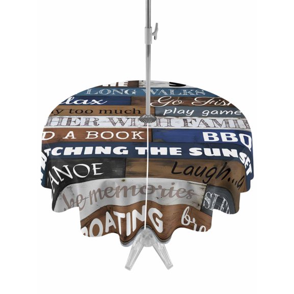 Outdoor Tablecloth with Umbrella Hole and Zipper, Motivational Inspirational Happiness Quotes Round Waterproof Table Cover 60in Washable Table Cloth for Patio Picnic Party Retro Wood Plank