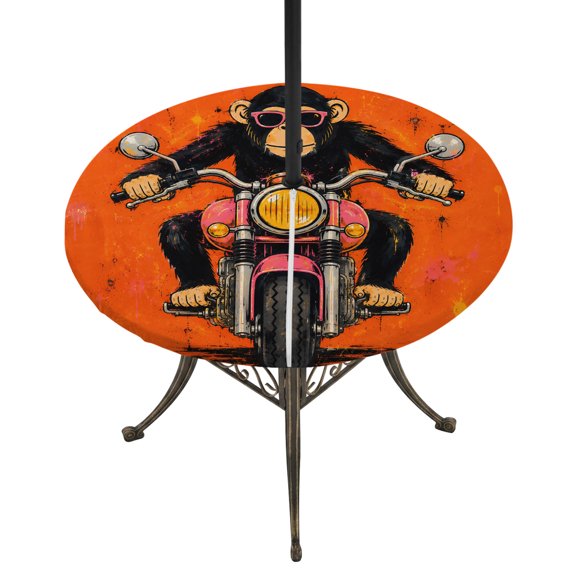 Outdoor Tablecloth with Umbrella Hole and Zipper Motorcycle Chimpanzee Round Fitted Table Cover with Elastic Waterproof Orange Graffiti Animal Patio Tablecloths for Picnic BBQS Garden Fit 45"-54"